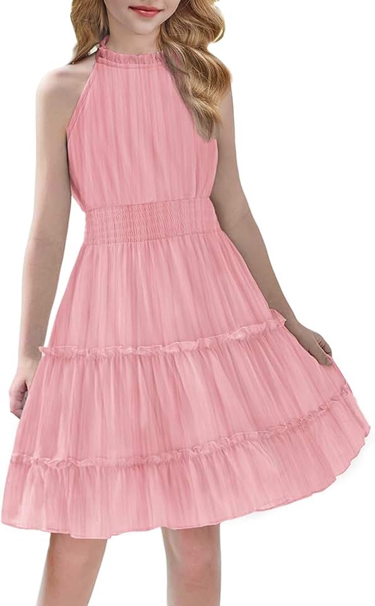 Meisjesjurk, mouwloos, zomer, kinderfeestjurk, halterjurk, feestelijke lichte off-shoulder chiffon jurk, A-lijn, casual, midi-elegante avondjurk voor meisjes van 6-13 jaar