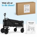 Zwarte opvouwbare bolderkar, doos en instructieboekje voor de BRASQ vouwbare bolderwagen.