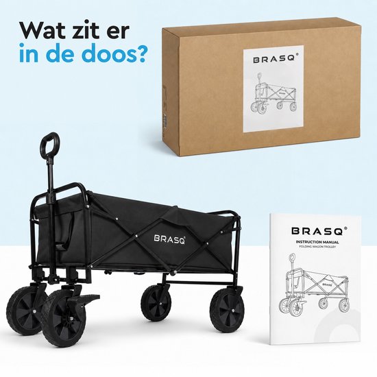 Zwarte opvouwbare bolderkar, doos en instructieboekje voor de BRASQ vouwbare bolderwagen.