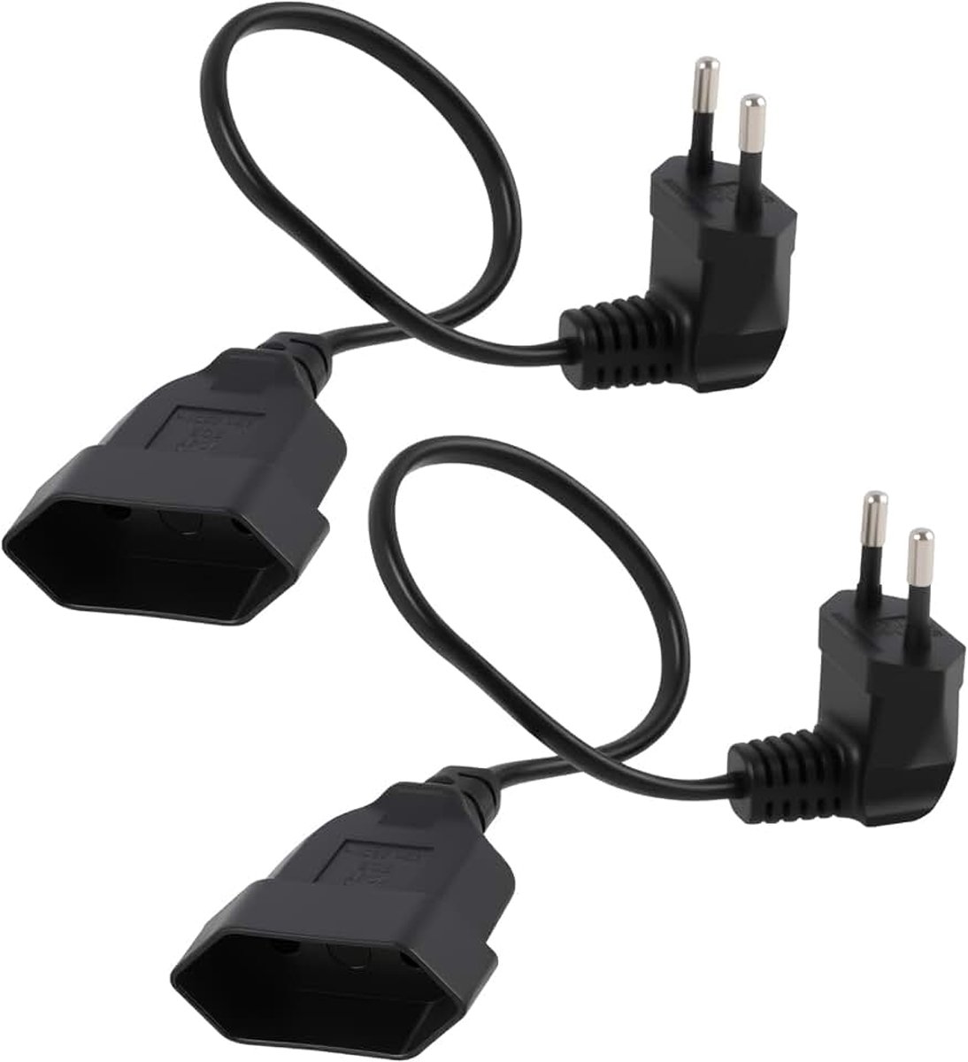 2 stuks verlengkabel, eurostekker, kort, 0,3 m, 2,5 A, 250 V, 90 graden rechthoekige euro-stroomverlengkabel, korte verlengkabel voor huishoudelijke apparaten, tv, pc, monitor, lampen en elektrische