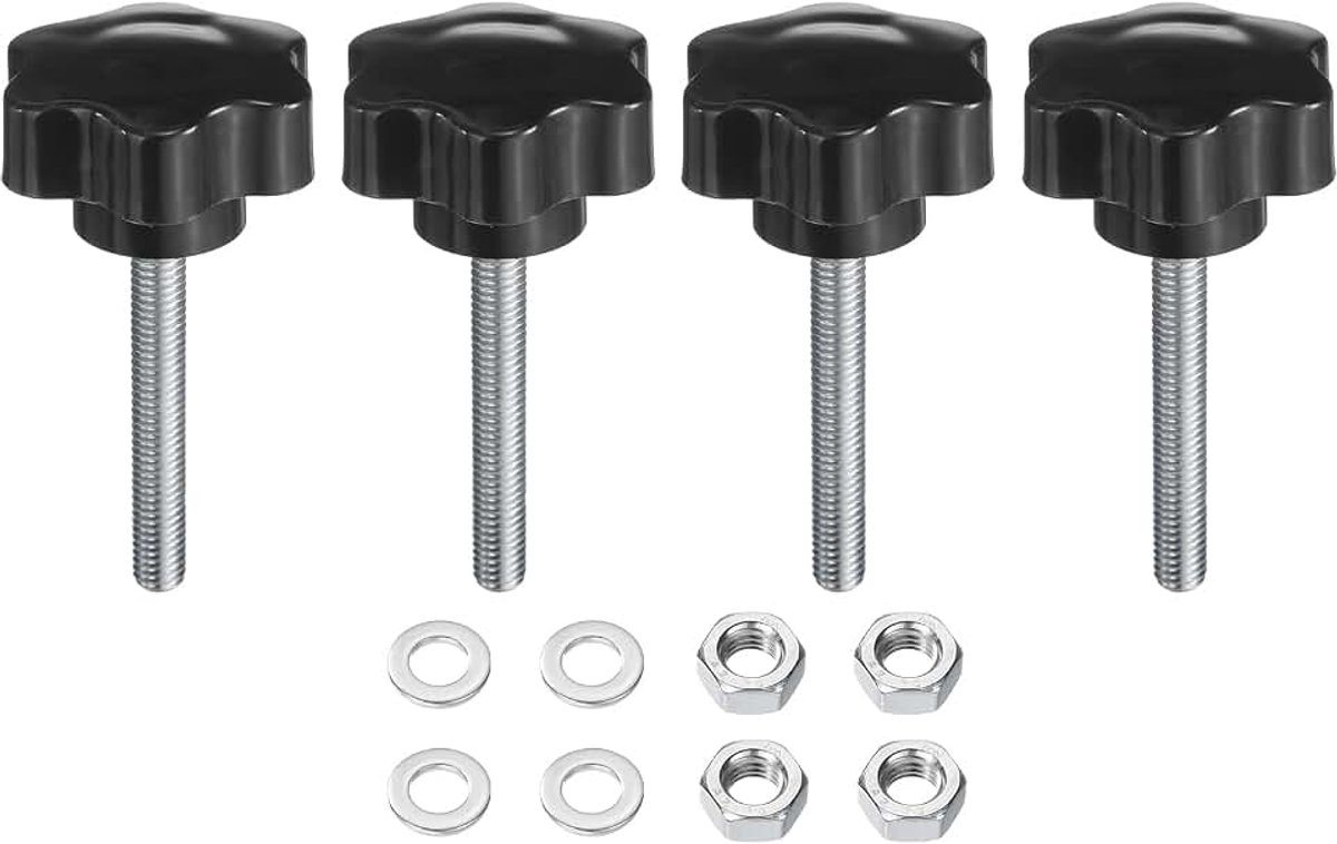4 stuks kartelschroeven stergreepmoer M8 x 55 mm metrisch verzinkt koolstofstaal schroefdraad 48 mm kartelmoer 6-sterren kunststof schroefdraadstift handknoppen handgrepen duimschroeven
