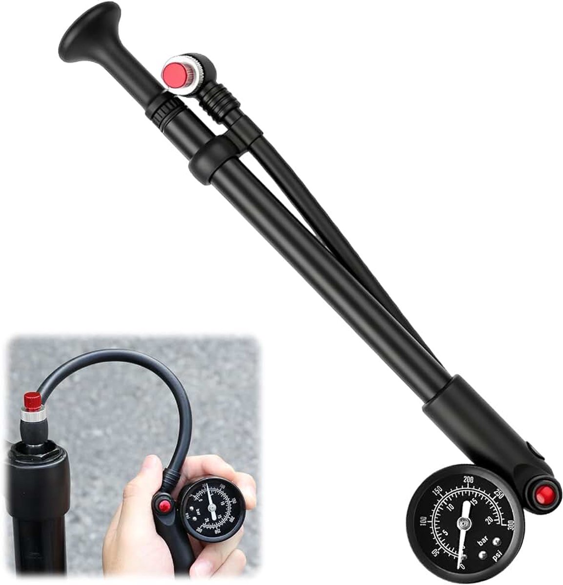 Schokdemperpomp, hogedruk schokdemperpomp, hogedruk demperpomp fiets 300 psi, luchtvorkschokdemper, verende vorkpomp met manometer en ontluchting, fietspomp voor MTB/racefiets vork en
