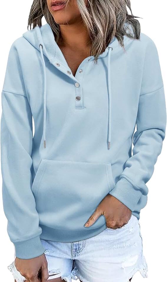 Heekpek Capuchontrui voor dames, hoodie, herfst, winter, warm sweatshirt, lange mouwen, V-hals, knoopsluiting, casual, fleece, pullover voor dames