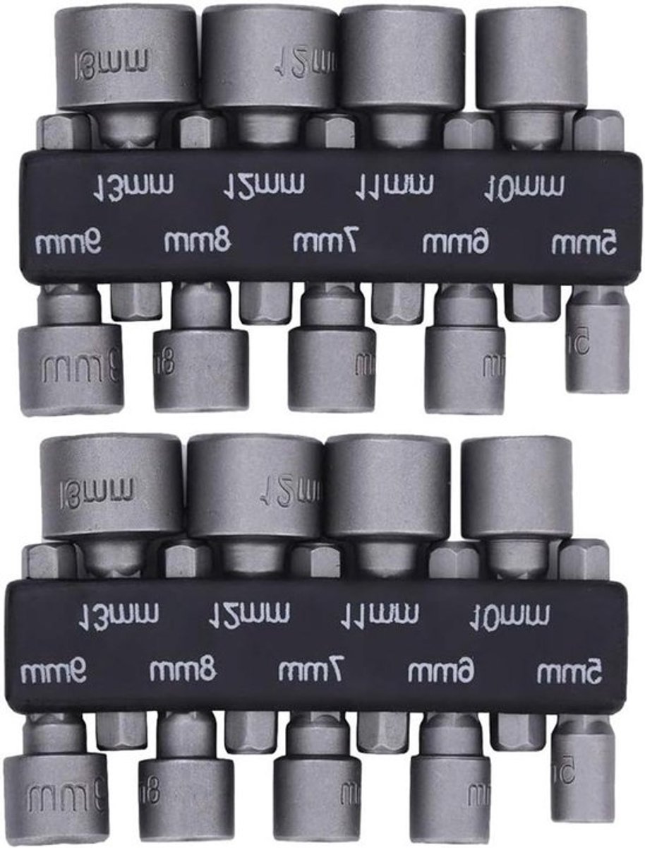 9-delige steeksleutelset 5 mm-13 mm inclusief magnetische bit-adapter en binnenzeskant-moeren - Voor boormachines en accuschroevendraaiers