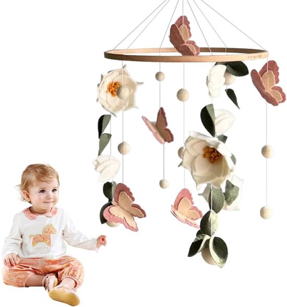 Handgemaakte Bamboe Windgong voor Baby's, Schattige Hangende Bedbel voor Kinderkamer, Mobiele Decoratie met Vilt, Bloemen en Vlinders voor Jongens en Meisjes