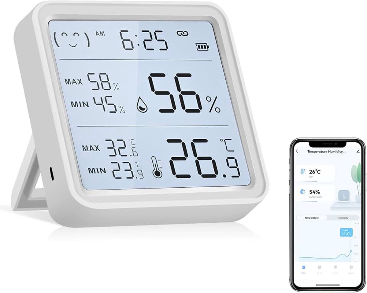 EMylo Thermometer, hygrometer, binnen, lcd-digitaal, Bluetooth, sfeer, temperatuur- en vochtigheidsmeter met app-bediening, gegevensopslag, voor huis, slaapkamer, kas, kelder
