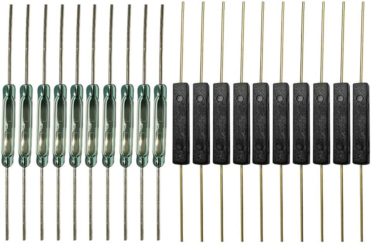 10st Plastic Reed-schakelaar + 10st Glas Reed-schakelaar Magnetische inductieschakelaar (2.5 mm × 14 mm) & (2 mm × 14 mm), Magnet Near-Connect Circuit, Magnet Away-Break Circuit