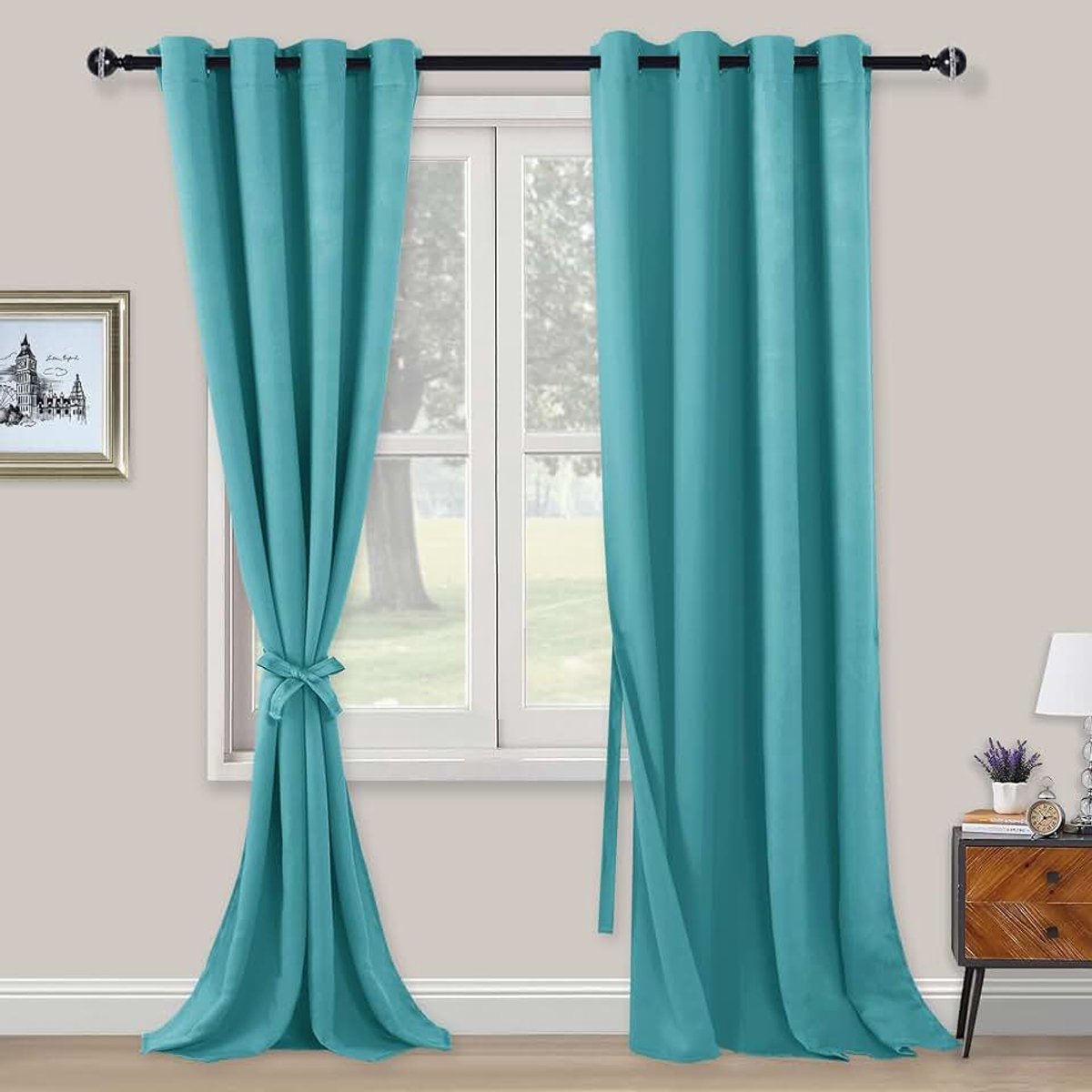 Ondoorzichtige gordijnen, verduisteringsgordijnen met ringen, 2 stuks, gordijnen met gordijnhouder, ondoorzichtige gordijnen voor slaapkamer, woonkamer, kantoor, 260 x 140 cm, turquoise