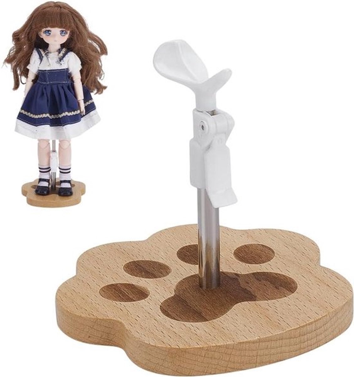 Poppenstandaard voor Modellen en Actiefiguren - Wit met Houten Poot Print Basis - Poppenorganisator Displaybeugel
