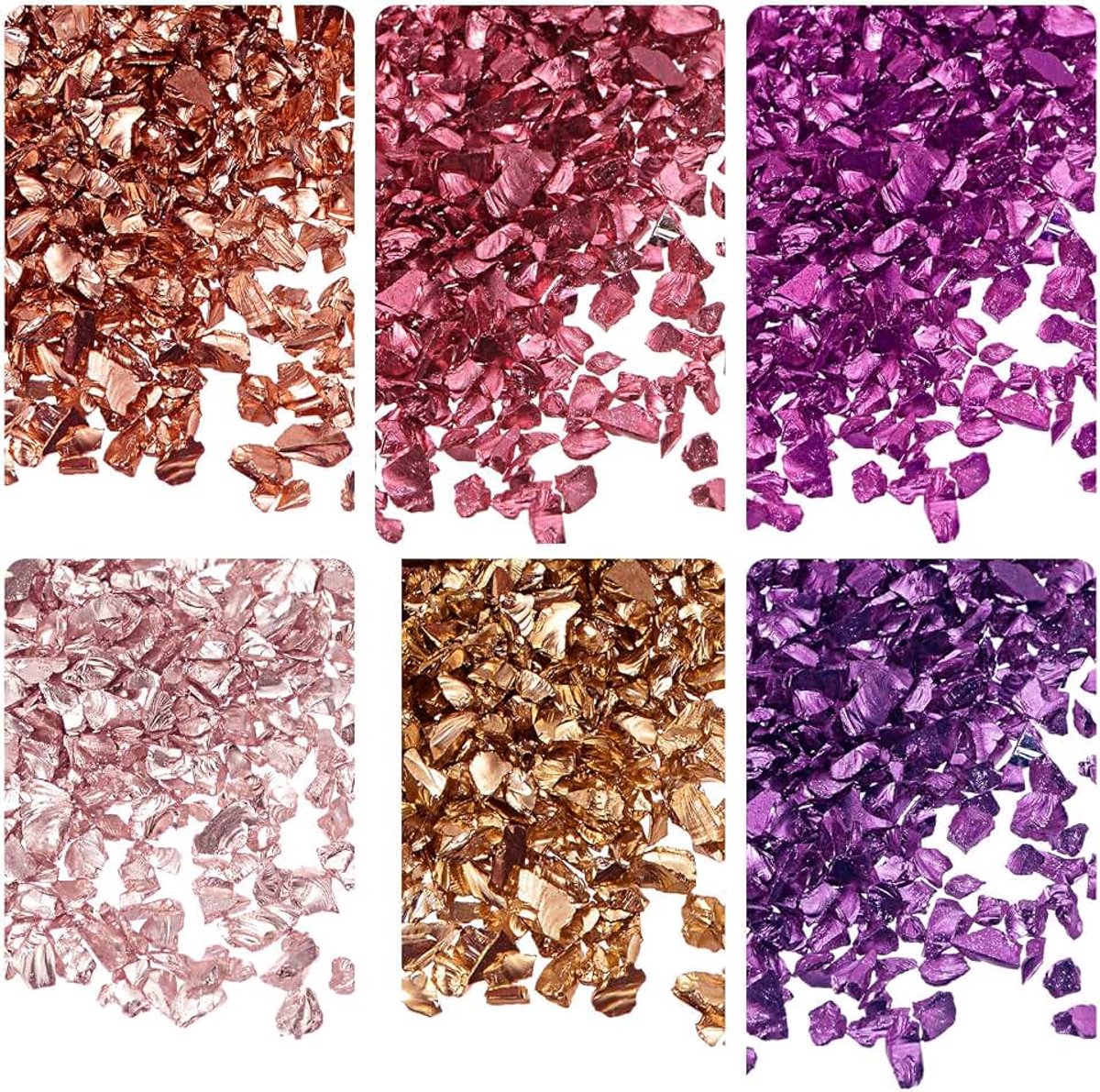 Glass Chips in 6 kleuren, 1-4 mm x 28 g, onregelmatig metallic glas, rood, paars, kleurserie voor doe-het-zelf decoratie, nagelkunst, elektrisch geplateerd oppervlak