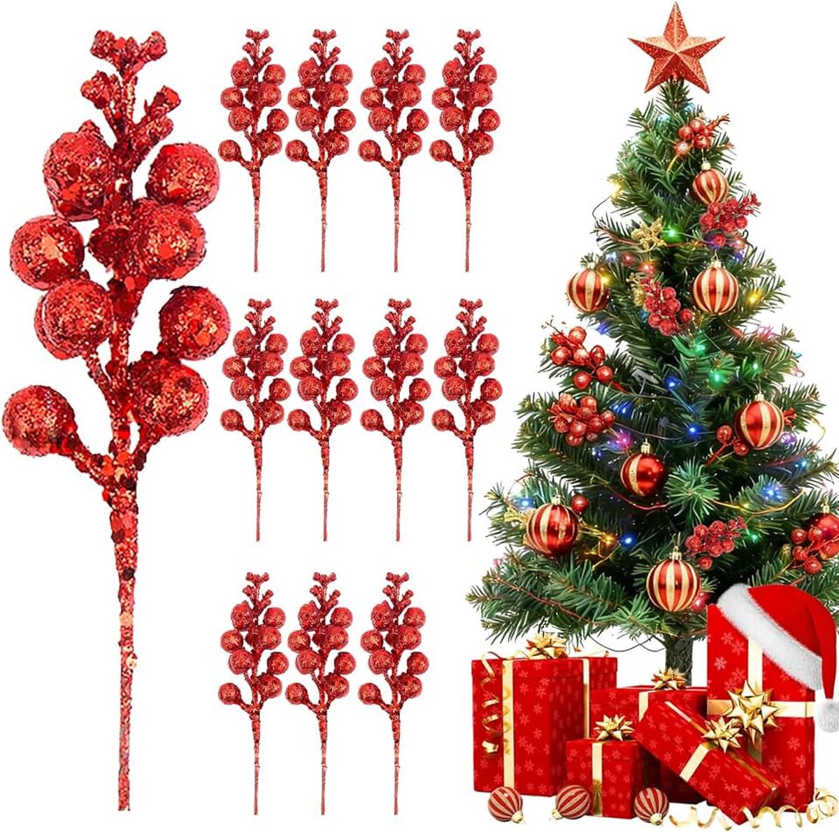 Takkendecoratie voor Kerstmis, 12 stuks stokjes Kerstmis glitter bessen stelen, rode bessen versieren kerstboom, kerstboomdecoratie, buigbaar, voor boom, doe-het-zelf handwerk, bruiloft, winter, krans