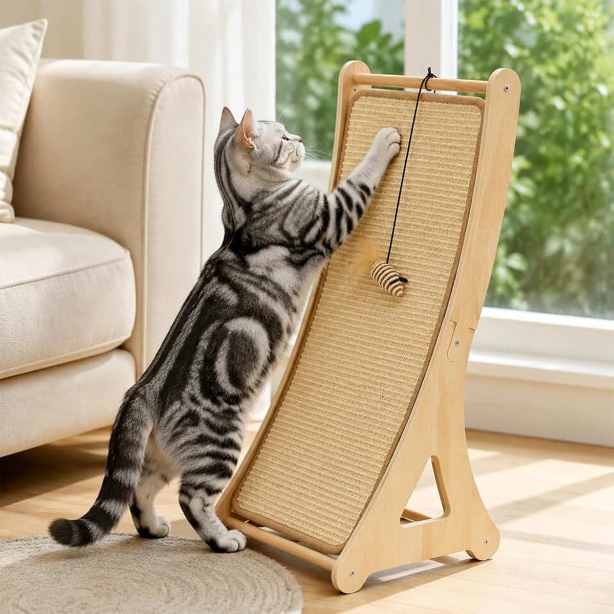 Krabplank voor katten, 65 cm, gebogen, sisal krabhelling & krabmat, krabmeubel kat voor bank en wandbescherming, L-vorm krabkarton, kattenkrabplank met speelgoed