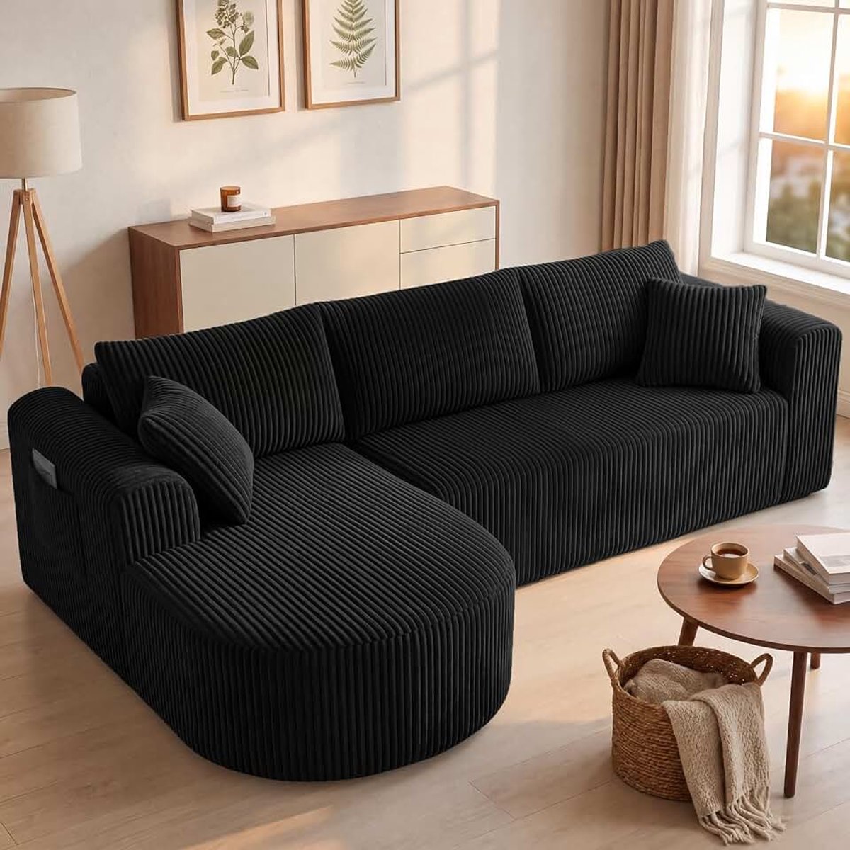 Hoekbank met slaapfunctie, 243 cm, corduroy, modulaire boneless bank met chaise longue, L-vormige slaapbank, sectionele banken met kussen en zijzakken, bank voor woonkamer, geen montage, zwart