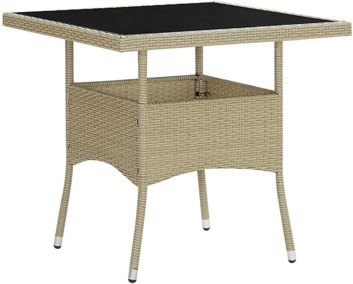 Tuintafel Poly Rattan en Glas Beige 4 Personen UV Bescherming Eettafel Tuinmeubelen Gehard Glas Duurzaam Weerbestendig Lichtgewicht Tafel voor Terras Balkon Tuin Diner Feest