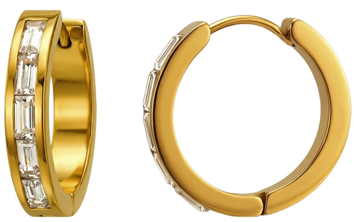 Joy Ibiza - oorbellen - oorringen - 20 / 4 mm - klap scharnier sluiting - baguette zirkonia - chirurgisch staal - ear party boho - bohemian style - ip/pvd goldplated t96