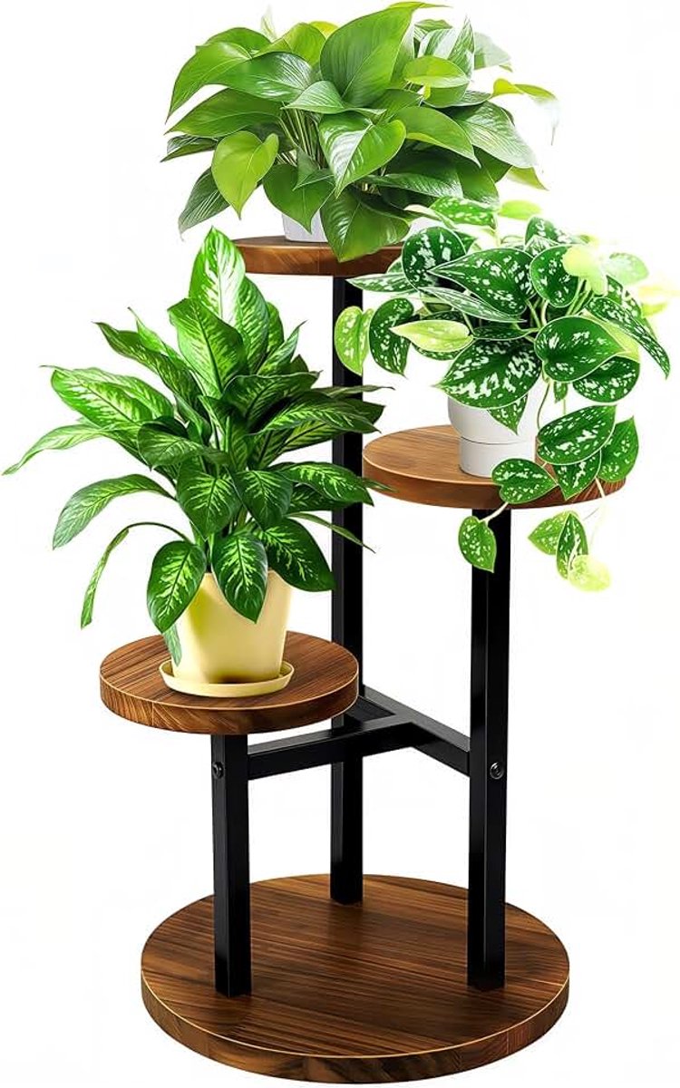 3-laags plantenstandaard voor binnen, metalen houten plantenstandaards voor kamerplanten, meervoudige, hoekgelaagde bloemenplanten, plankstandaard voor woonkamer, slaapkamer, bruin