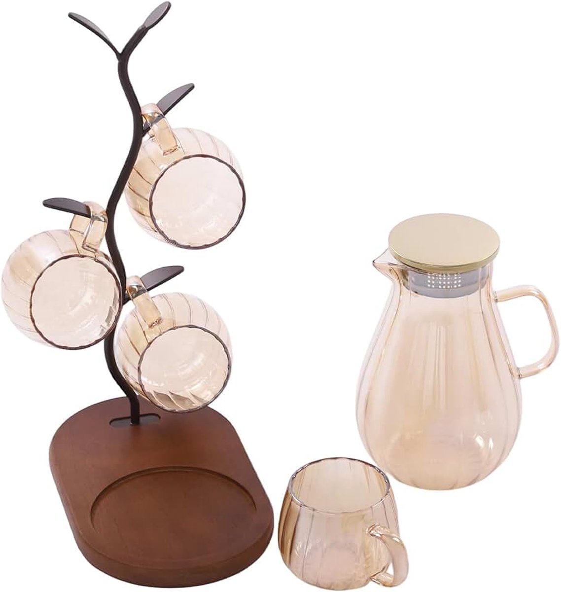 1,5 l champagnekleur glazen karaf met bekerhouder en 4 kopjes waterkaraf hittebestendig voor dranken, sap, thee, melk