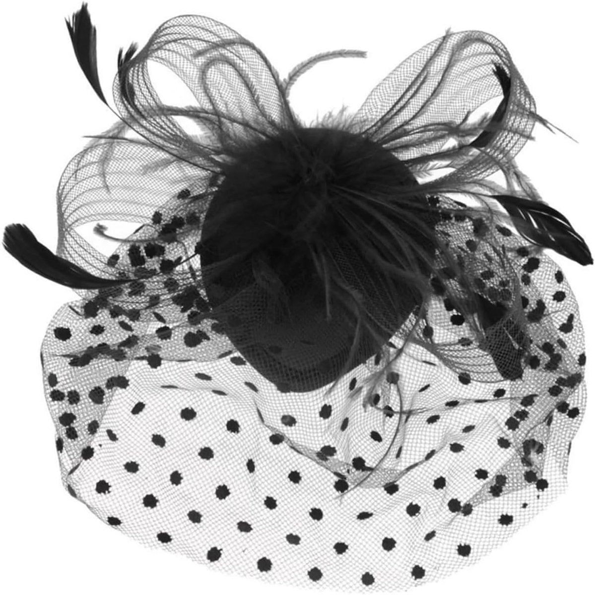 Hoed, Zwarte Fascinators voor Vrouwen, Vintage Zwarte Hoofdband voor Bruiloft, Theekransje - Hatinator met Vogelkooi Sluier, Veer, Mesh Face
