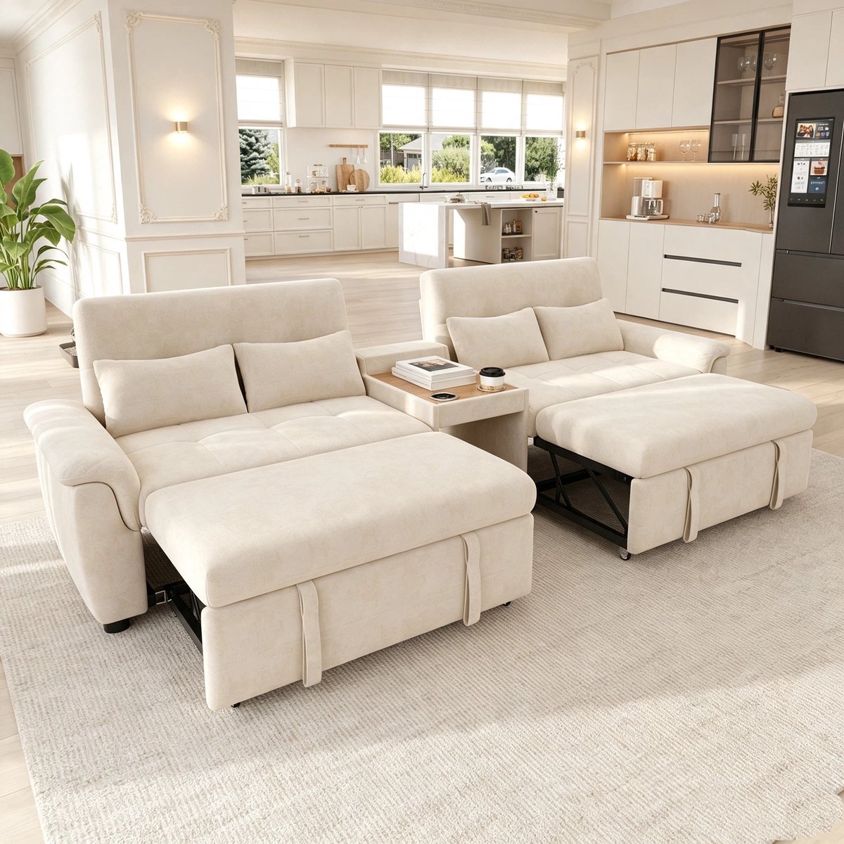 2-Zits bank, U-Vormige Slaapbank, Uitschuifbaar, Tweepersoons Slaapgedeelte, Verstelbare Rugleuning, Huisdiergedeelte, Salontafel Met 2 Bekerhouders, 4 Kussens, Chenille, Donkergrijs, 284×138×89 cm -Beige