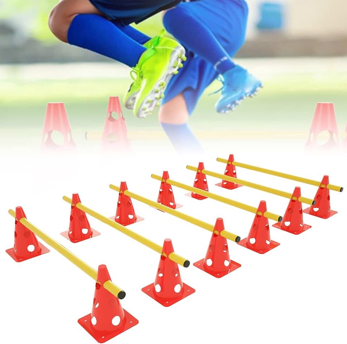 Set van 6 steekhorden, coördinatietraining, kegelhorden, 12 rode kegels: 32 cm + 6 gele stangen: 1 m, in hoogte verstelbaar met gaten, behendigheidshorden, steekhorden voor kinderen, honden