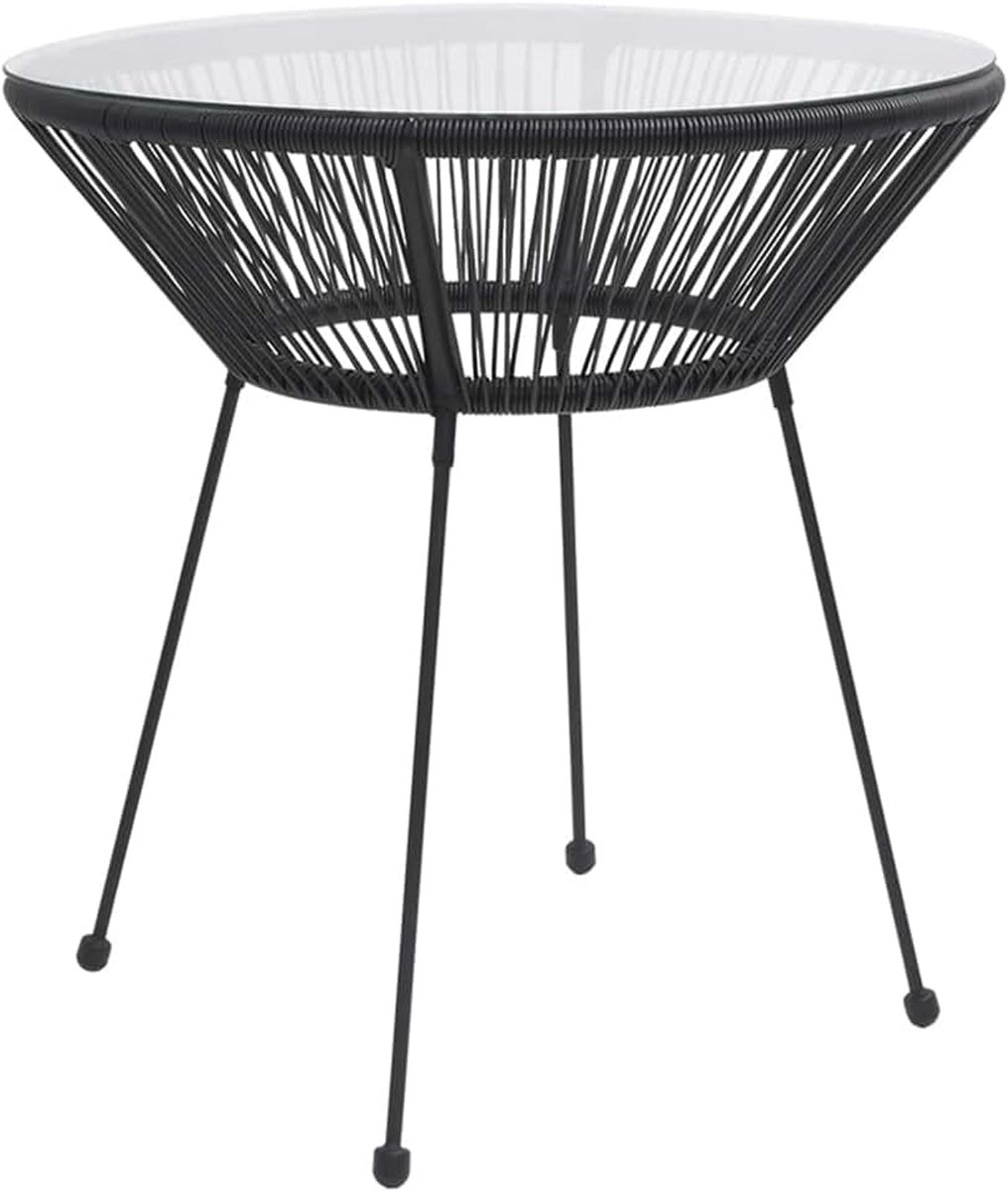 Tuineettafel, bijzettafel, rond, salontafel, terrastafel voor eetkamer, draagbaar, rotan en glas, zwart, Ø 70 x 74 cm