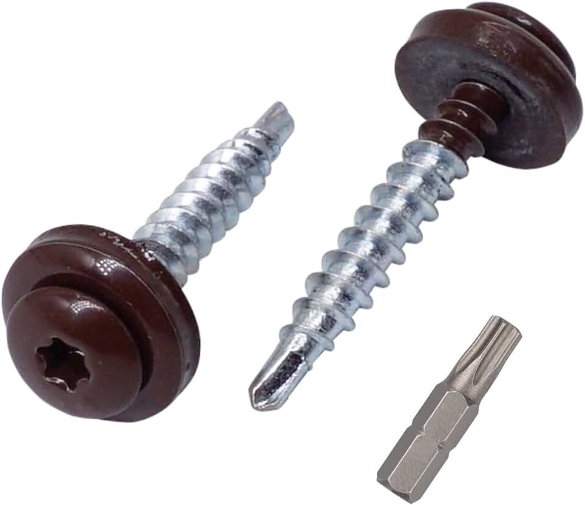 (Pack van 30 stuks) Metalen dakbedekking Torx schroeven, 4,8 x 35 mm geschilderde zelfborende schroeven met EPDM ringen, plaatschroef (30, chocoladebruin RAL 8017)
