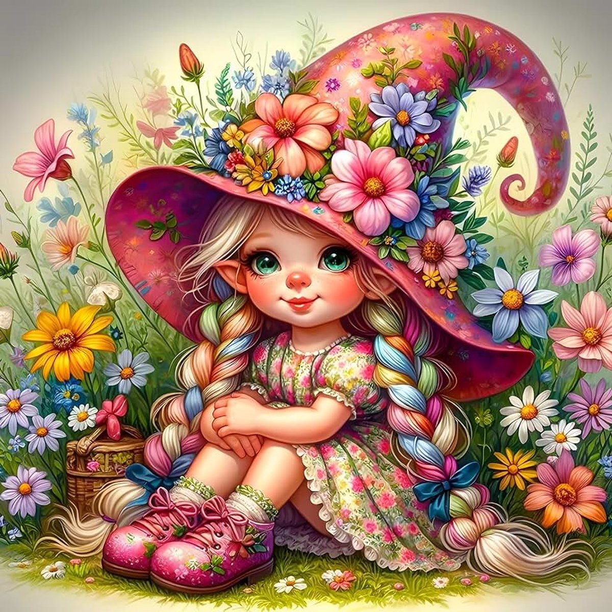 Doe-het-zelf 5D cartoon elf baby diamond art kit, ronde full drill sprankelende kleurrijke bloemen diamond painting schilderij, diamond painting kunst kits handwerk voor volwassenen beginners