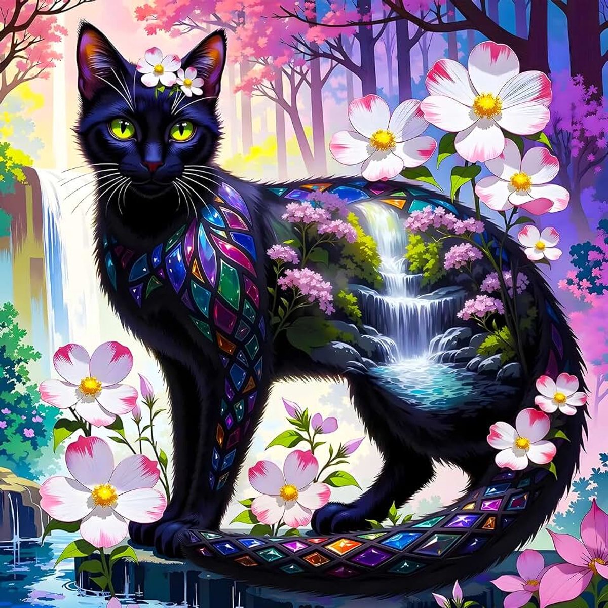 5D zwarte kat, diamantschilderijset, doe-het-zelf kleurrijke bloemen, complete diamantkunst, fantasie, bos, diamantkunst, strassteentjes, kruissteek, schilderij voor volwassenen, beginners