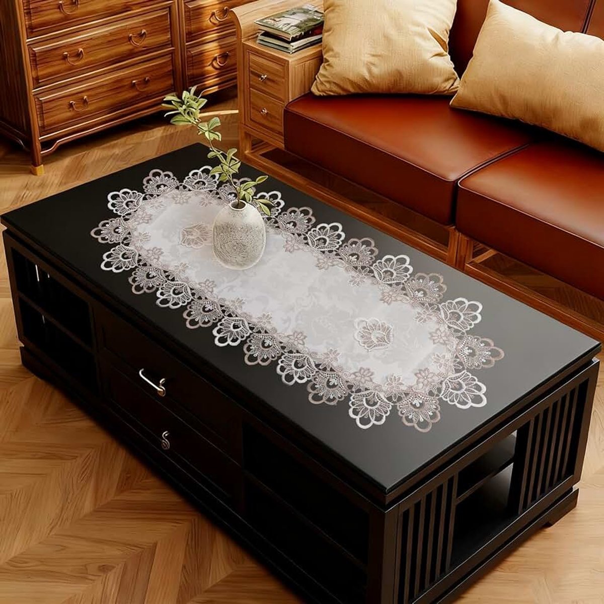 Kanten kleedje, 40 cm x 90 cm tafelkleed met kanten rand, salontafel topper wasbaar en antislip tafelkleed voor eetkamer keuken