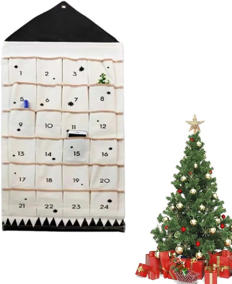 Adventskalender met 24 stoffen zakjes, herbruikbare adventskalender, stof om te vullen, 120 x 50 cm, kerstkalender, adventskalender om op te hangen, kerstdecoratie, feestaccessoires (zwart)