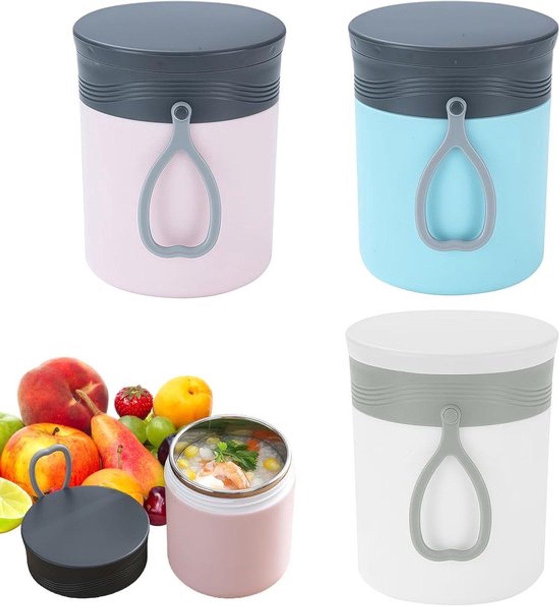 Thermocontainer voor Voedsel: 3 Stuks 450ml Thermobowl, Vacuüm Geïsoleerde Lunchbox en Thermocup voor Kinderen, Ideaal voor Warmtebehoud en Gemakkelijk Meeneembaar (Blauw + Roze + Wit)