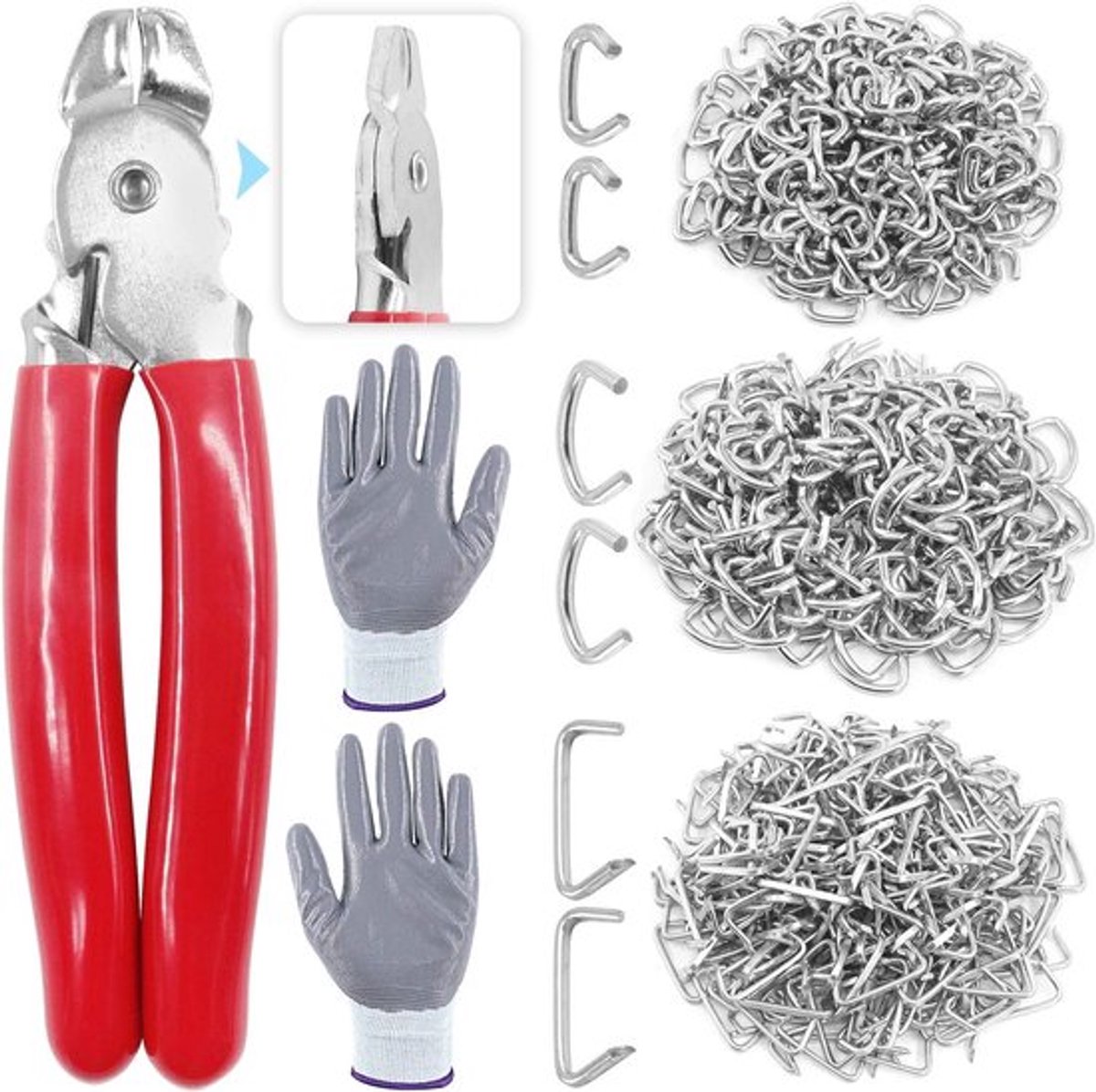 Complete set van 362 stuks ringtangen met 360 stalen ringen en snijbestendige handschoenen voor meubelstoffering, omheiningen en doe-het-zelf projecten