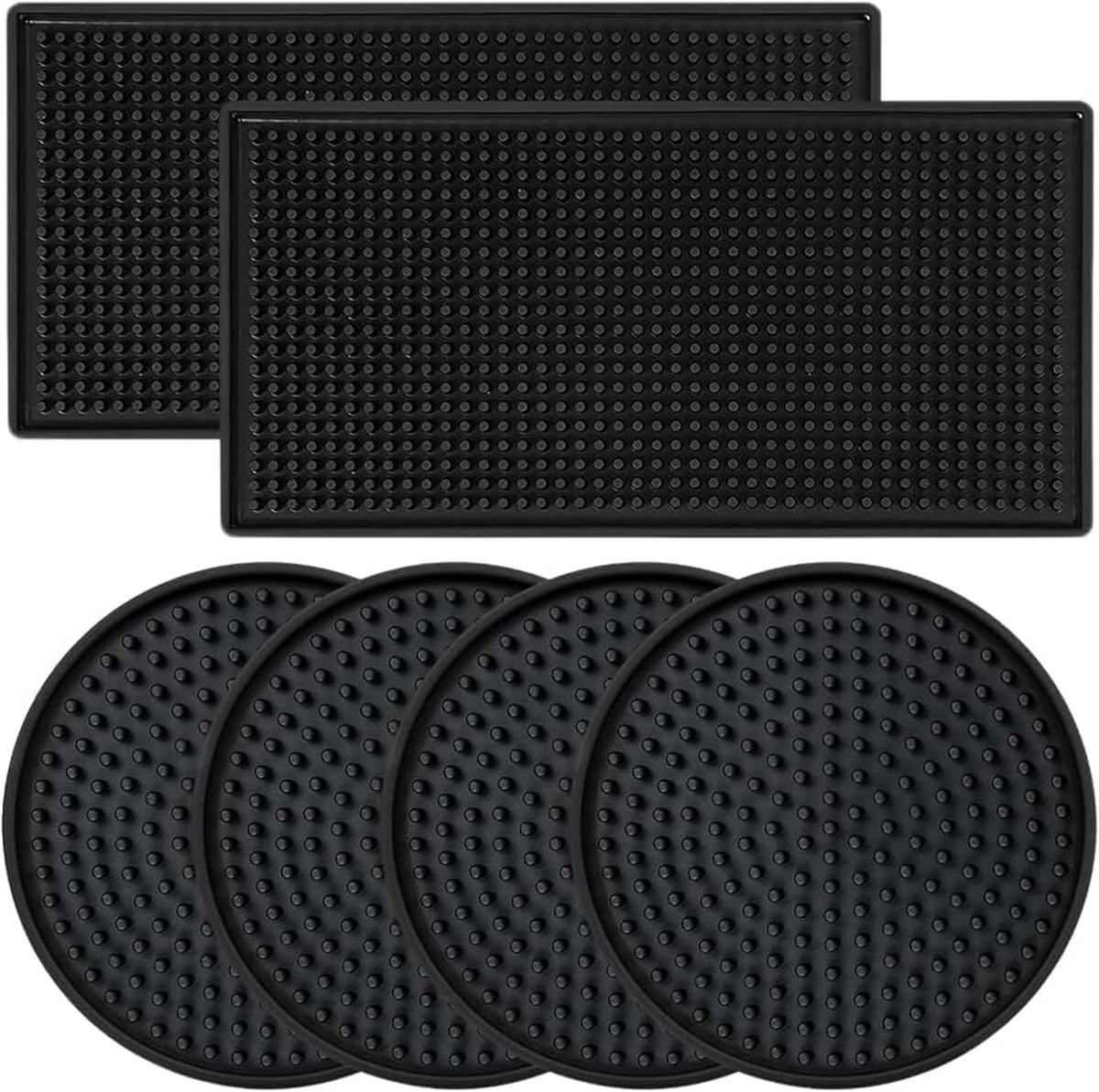2 stuks PVC barmat, 4 stuks onderzetters, zwart, antislip, barmat voor cocktailbar, keuken, café, afwasbare drankonderzetters voor glazen, kopjes, flessen, hittebestendig, duurzaam