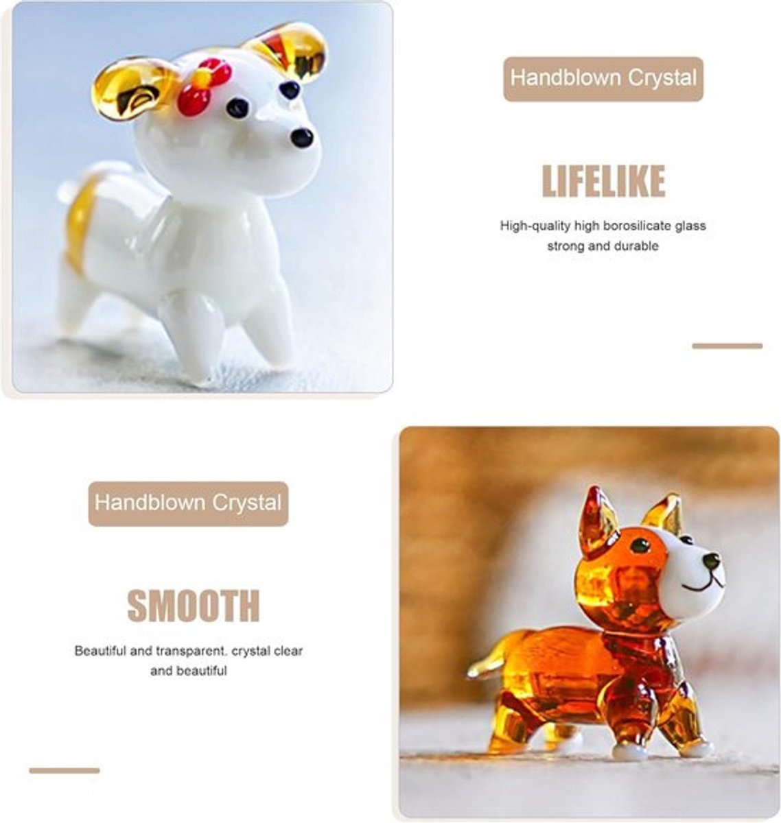 Set van 5 Handgemaakte Glazen Honden Beeldjes - Dieren Miniatuur Collectie en Woondecoratie Gift