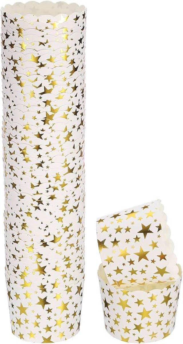 50 stuks bakvormpjes van papier, 15 ml, cupcake-vormpjes voor golvende pannenkoeken, wegwerpcontainers, vetafstotend, voor verjaardagsfeestje, ster