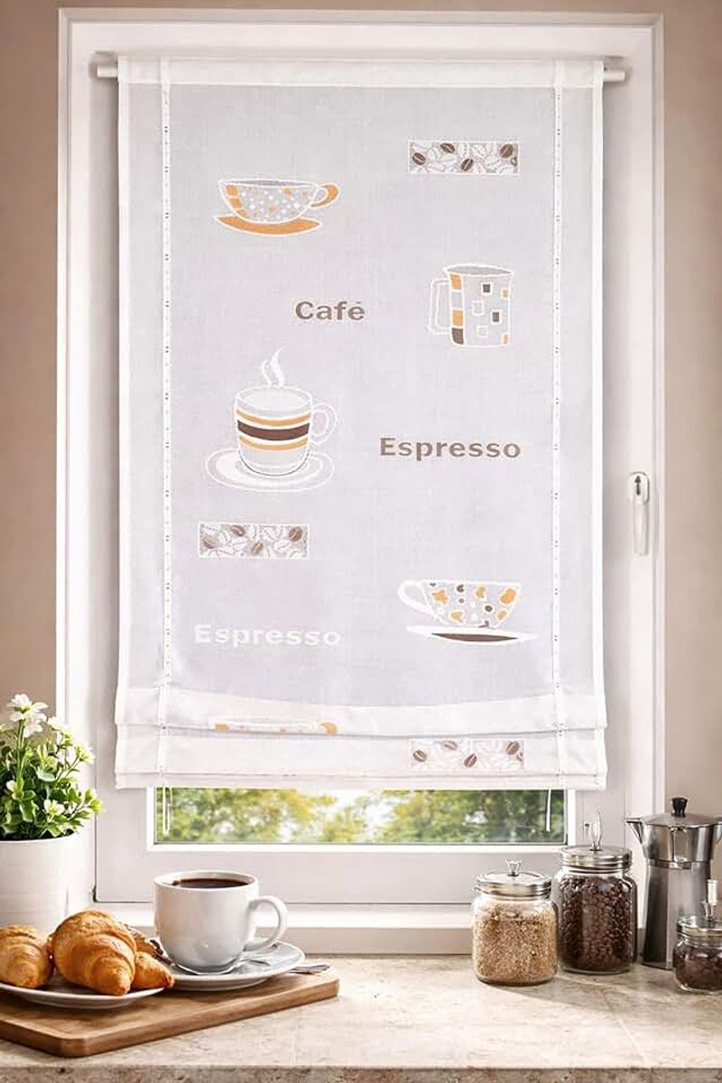 Vouwgordijn gordijn wit keukengordijn halftransparant vouwgordijn met handgespoten koffie - motieven vouwgordijn keuken eetkamer (bandjes - rolgordijn café 60x120 cm)