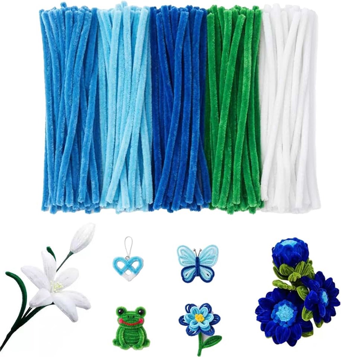 300 stuks pijpenreinigers, bloemenset, met 5 kleuren pipe cleaner met 20 groene bloemenstokken, 1 rol groene bloemdraadband en 1 bloemenstofblad voor doe-het-zelf bloemenboeket, kunstwerk