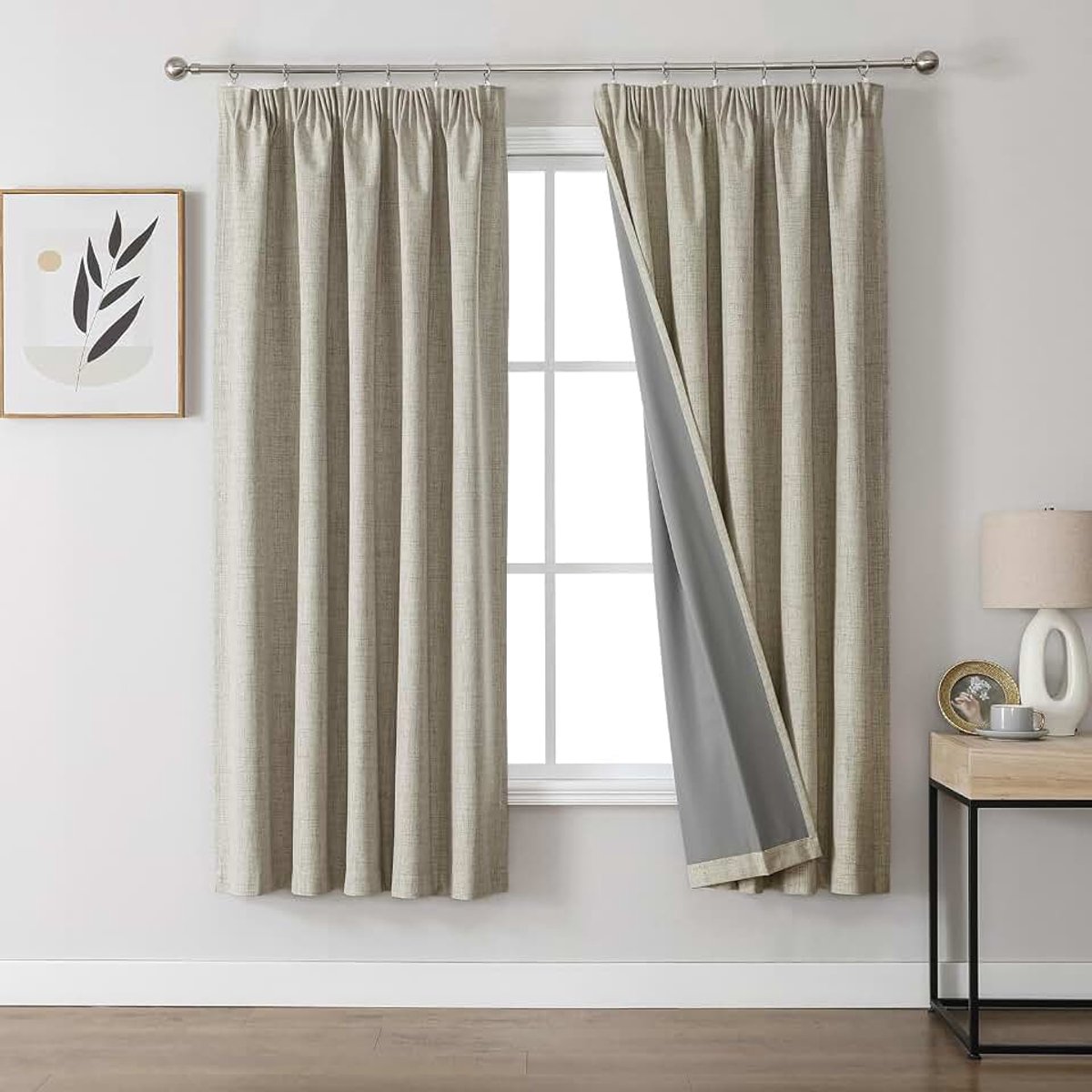 100% verduisteringsgordijnen, linnen, met plooiband, set van 2, 160 x 132 cm (h x b), linnen, thermogordijn, koudebescherming, ondoorzichtig, geluidsisolatie, ideaal voor woonkamer, past bij