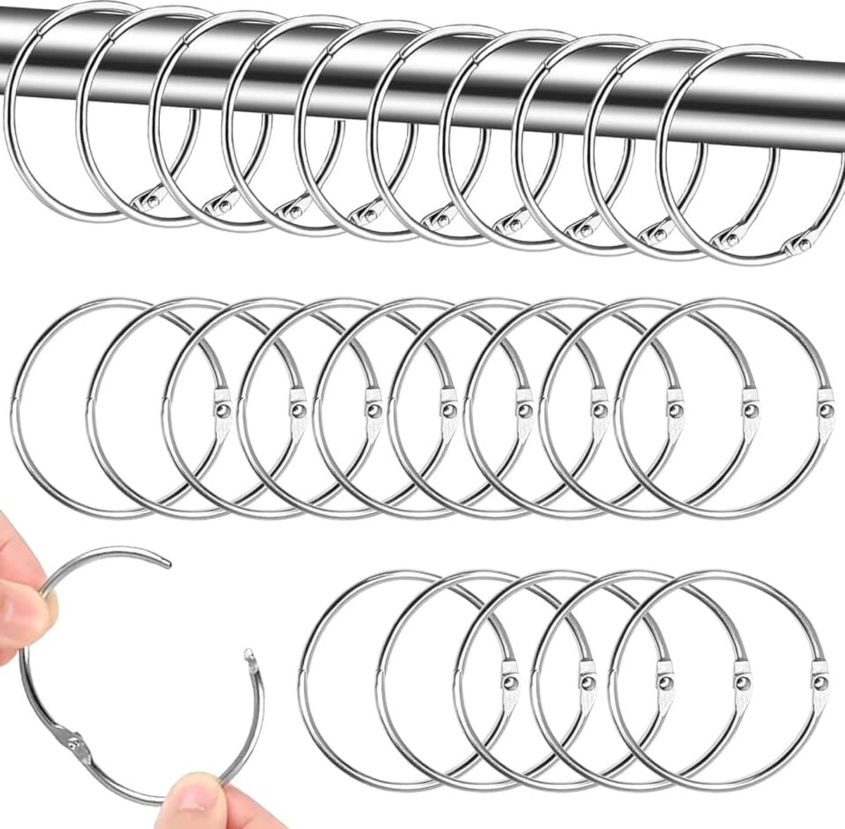 Gordijnringen, metalen gordijnringen om te openen, douchegordijnringen, 50 mm hangringen, gordijnringen voor douchegordijnen en gordijnroedes, boekringen, zilver