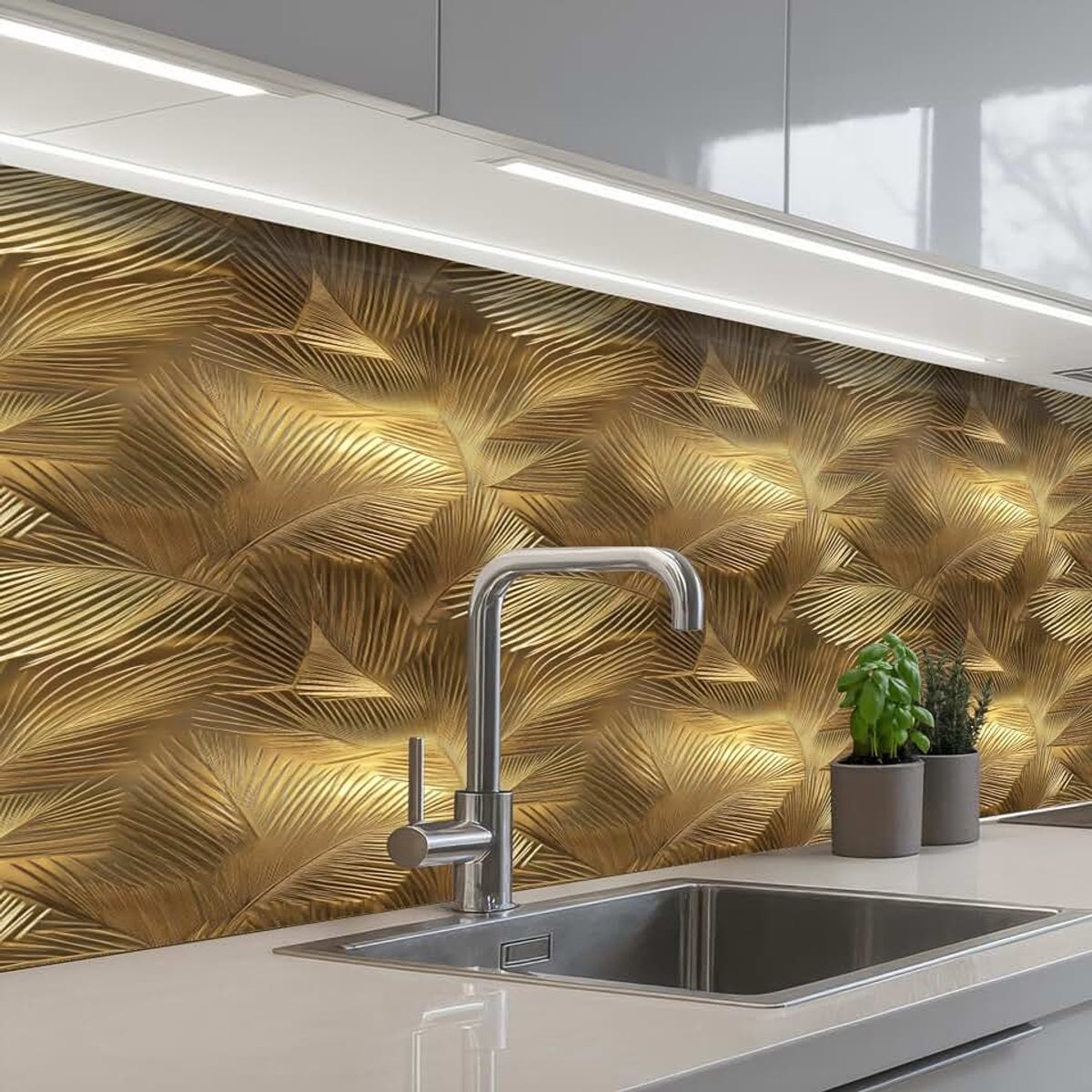 Keukenachterwand 60x150 cm zelfklevend keuken decoratie accessories home kitchen spatscherm Palm - Waaier - Goud