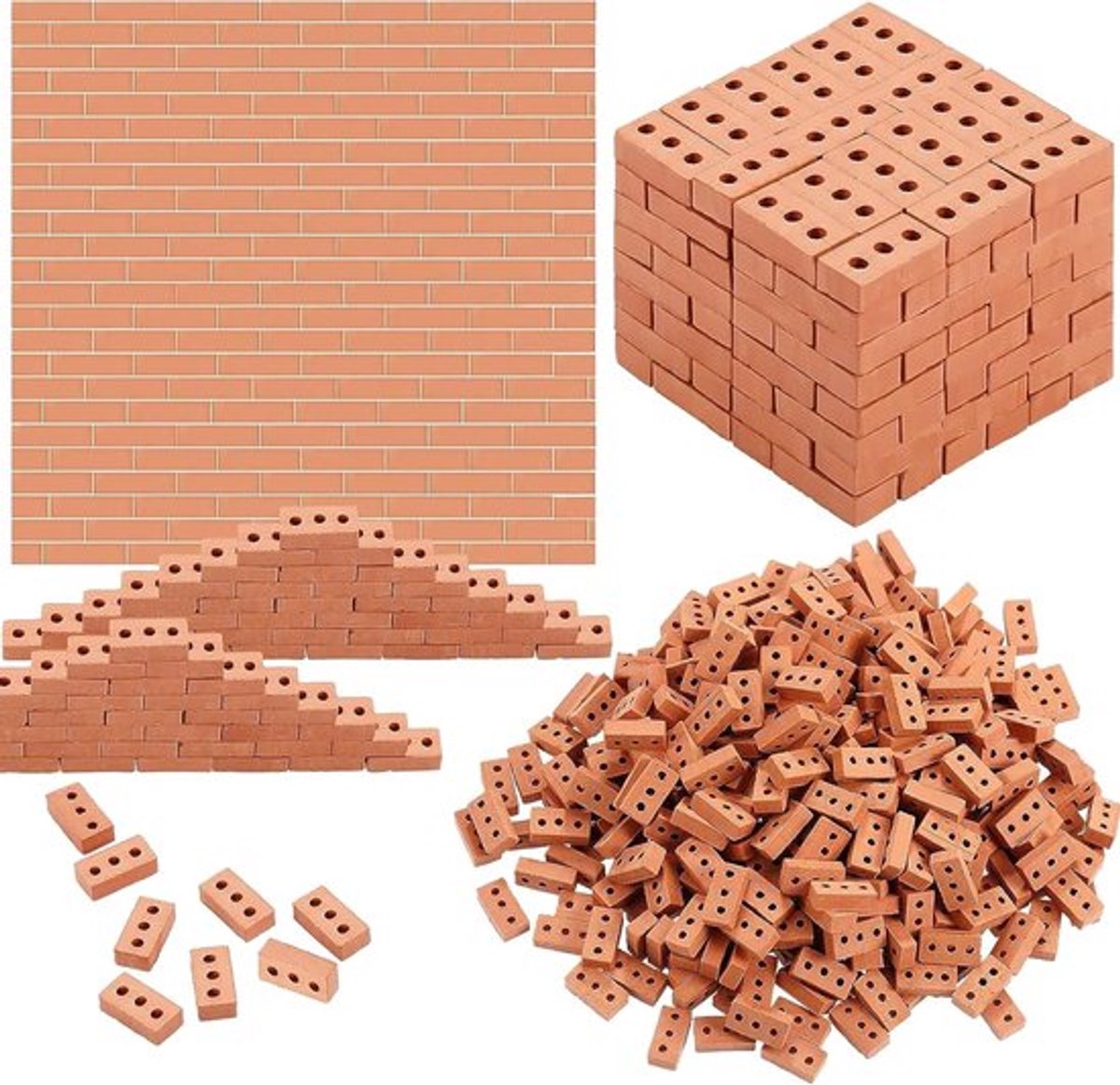 Miniatuur Rode Bakstenen in Rechthoekige Vorm voor Sprookjestuin Decoratie, Tuinlandschap Accessoires (360 Stuks, Rechthoekig, Rood met Gaten)