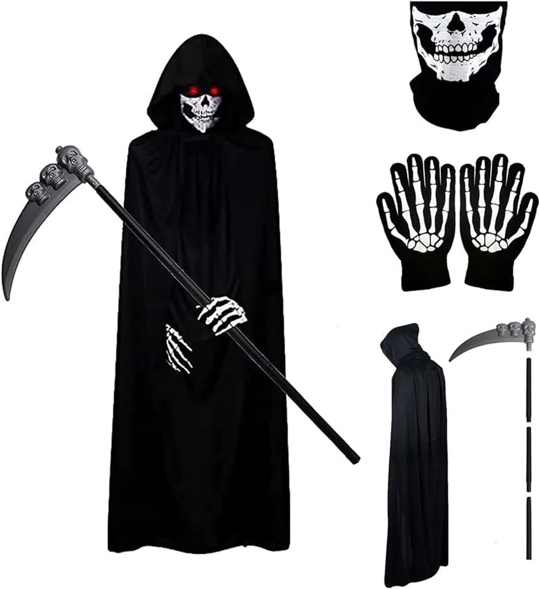 Grim Reaper Kostuum, Halloween Kostuum met Zwarte Capuchon, Doodskop-gezichtsbedekking, Skelethandschoenen en Doodszeis, Ideaal voor Halloween Cosplay