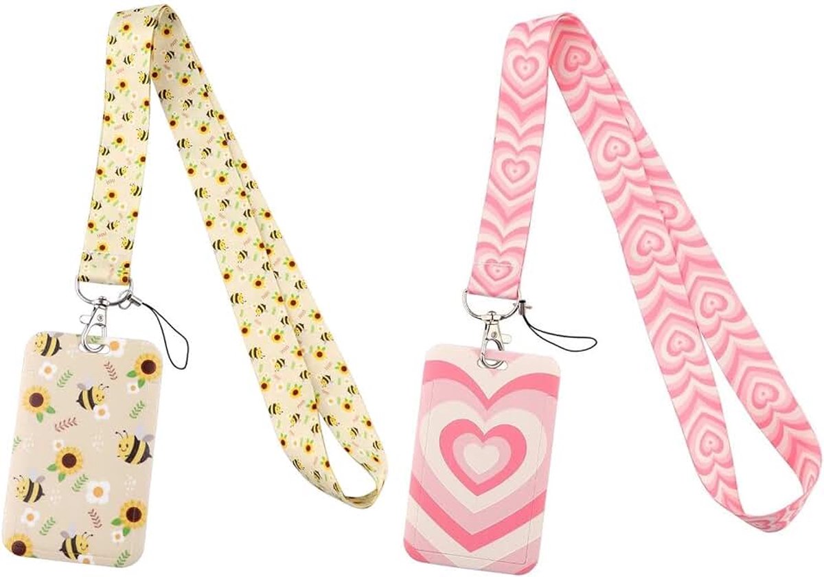 Verpakking met 2 ID-hoesjes, omhangkoord, kaarthouder, bijensleutelhanger, gele halsband
