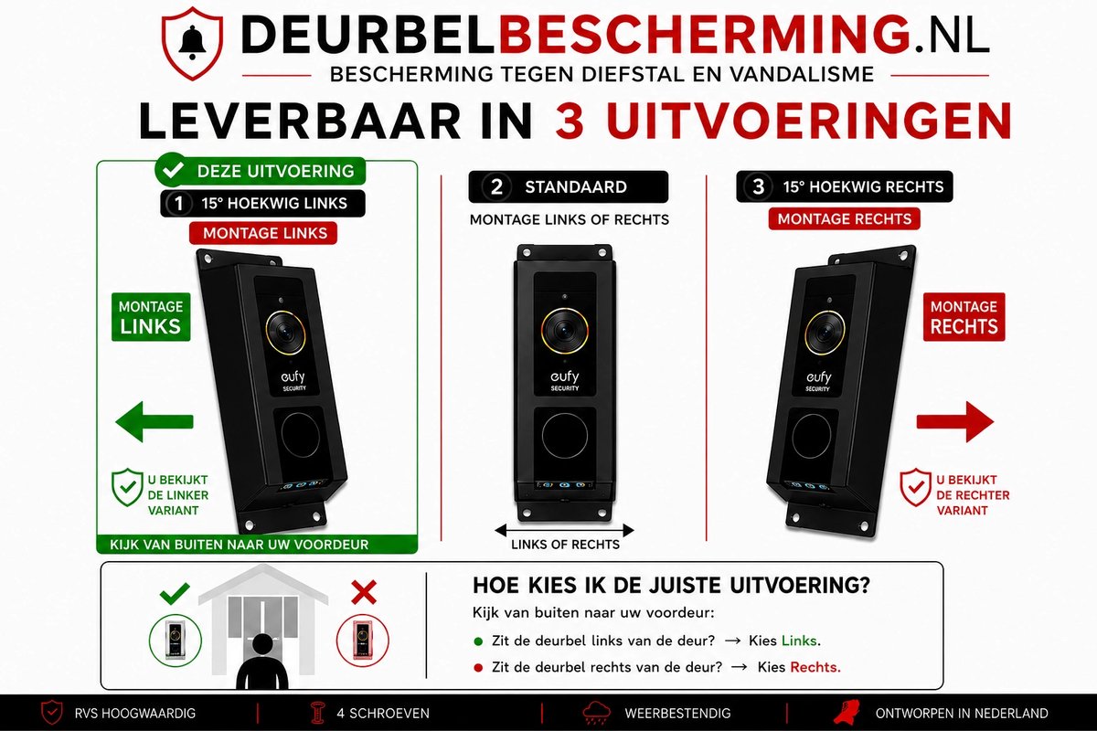Deurbelbescherming Eufy Dual 2 Pro - 15° Montage Links - RVS Zwart (anti-diefstal cover - videodeurbel bescherming - videodeurbel beschermer - videodeurbel hoes - videodeurbel cover - beveiligingscamera beschermer)