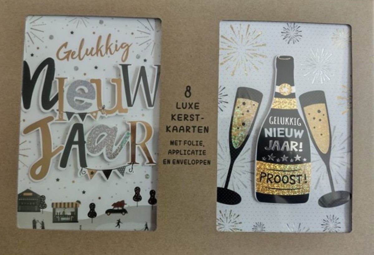 Nieuwjaarskaarten - wenskaart - nieuwjaarkaarten 8 stuks - nieuwjaarskaart - set van 8 Nieuwjaars kaarten - box 8 van kaarten - gelukkig nieuwjaar