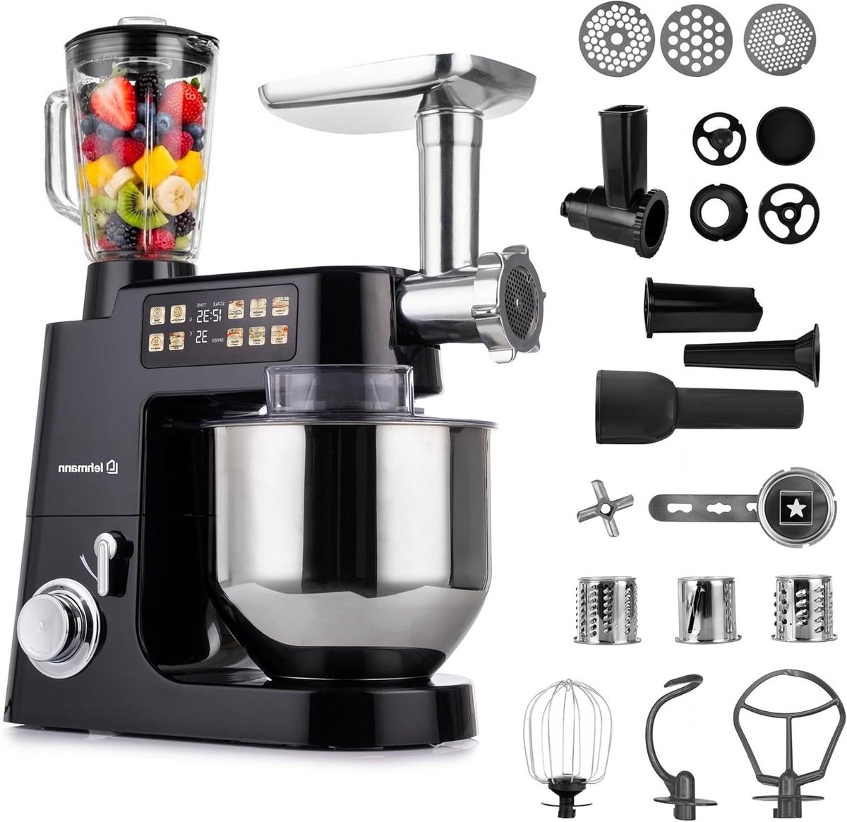 Keukenmachine - Mixer Deegmaker - Bakken Koken - Geïntegreerde Weegschaal - 8L Kom - Zwart