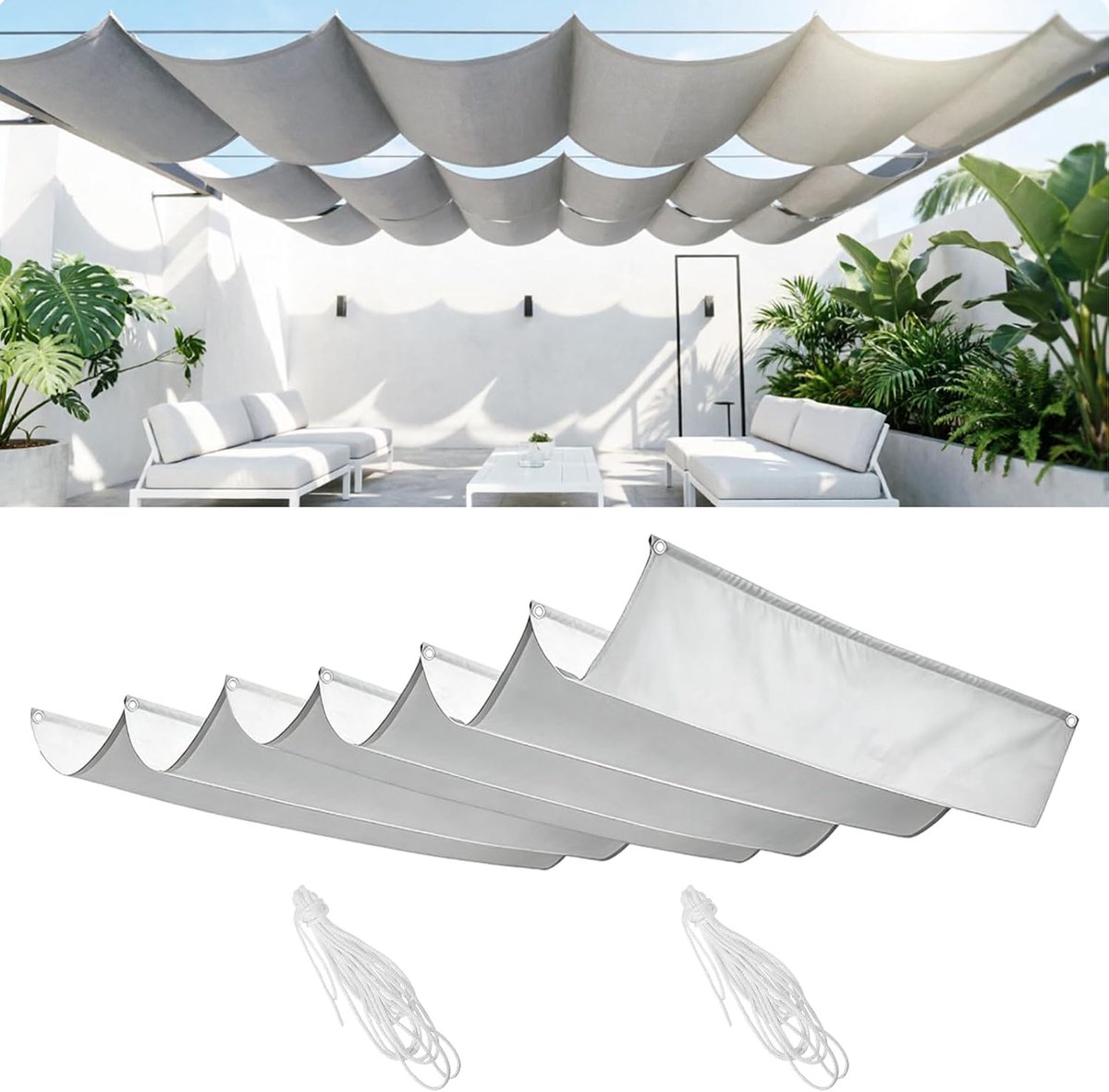 Golf zonnezeil, 0,6 x 3 m, verstelbare zonwering van polyester Oxford, waterdichte uv-bescherming voor pergola, tuin, balkon, terras, donkergrijs, 50 cm golf