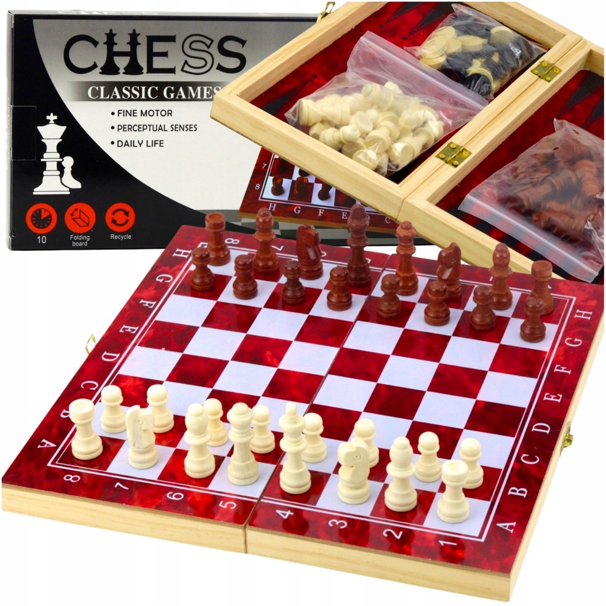 Houten 3-in-1 Spel: Schaken, Dammen & Backgammon