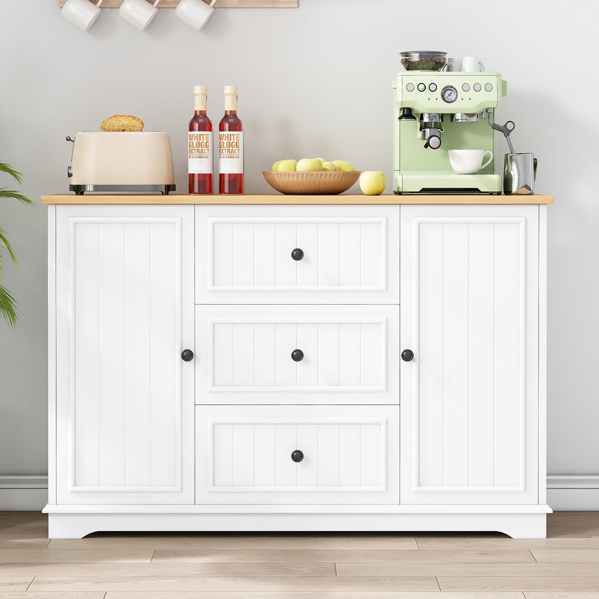 DESMIU Dressoir Met Drie Laden En Verstelbare Planken Voor Woonkamer Keuken En Eetkamer Wit En Licht Hout 126 X 40 X 86 Cm