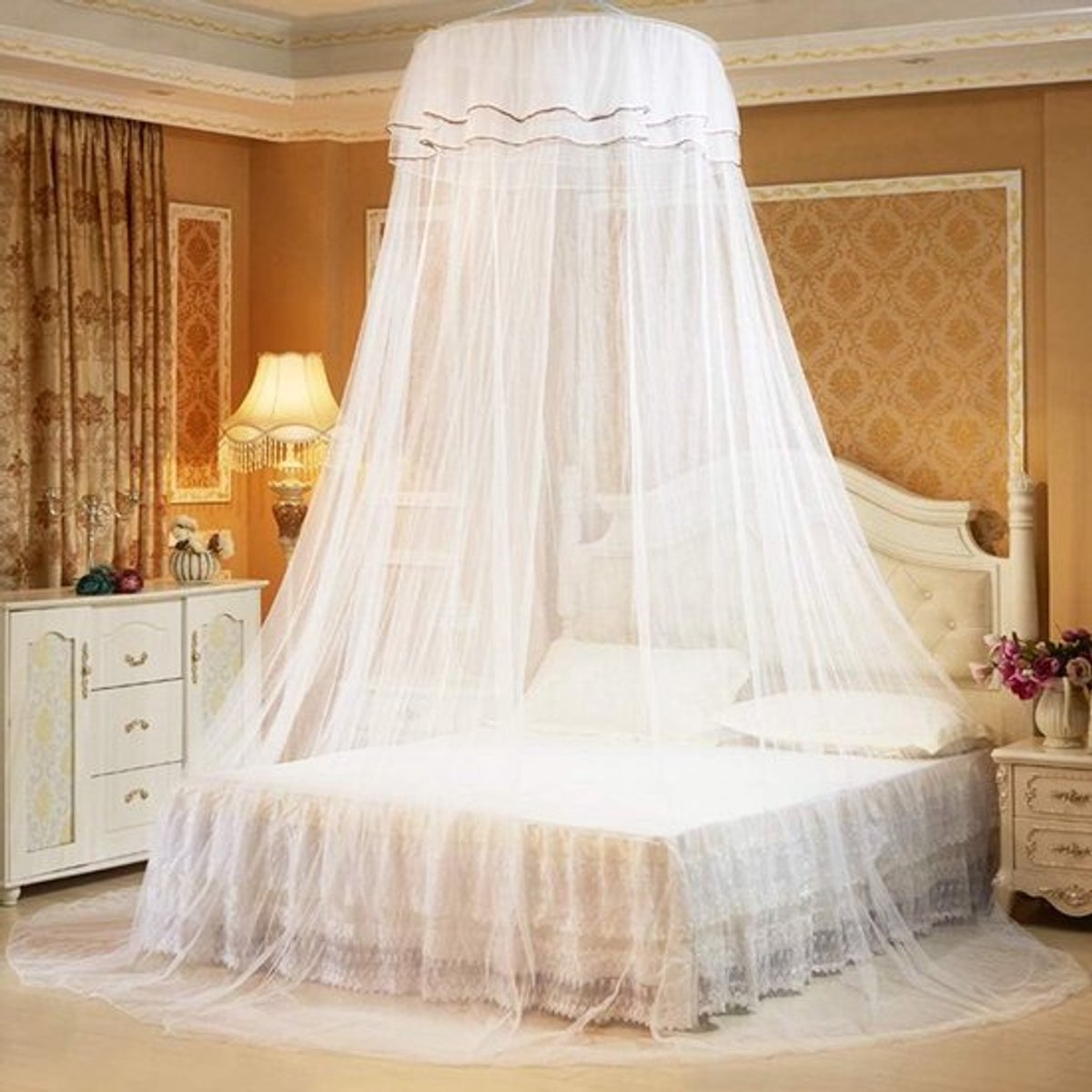 Ronde Bed Mosquito Net met 360° Luifel, Vouwbaar en Ademend Polyester voor Thuisgebruik in Wit